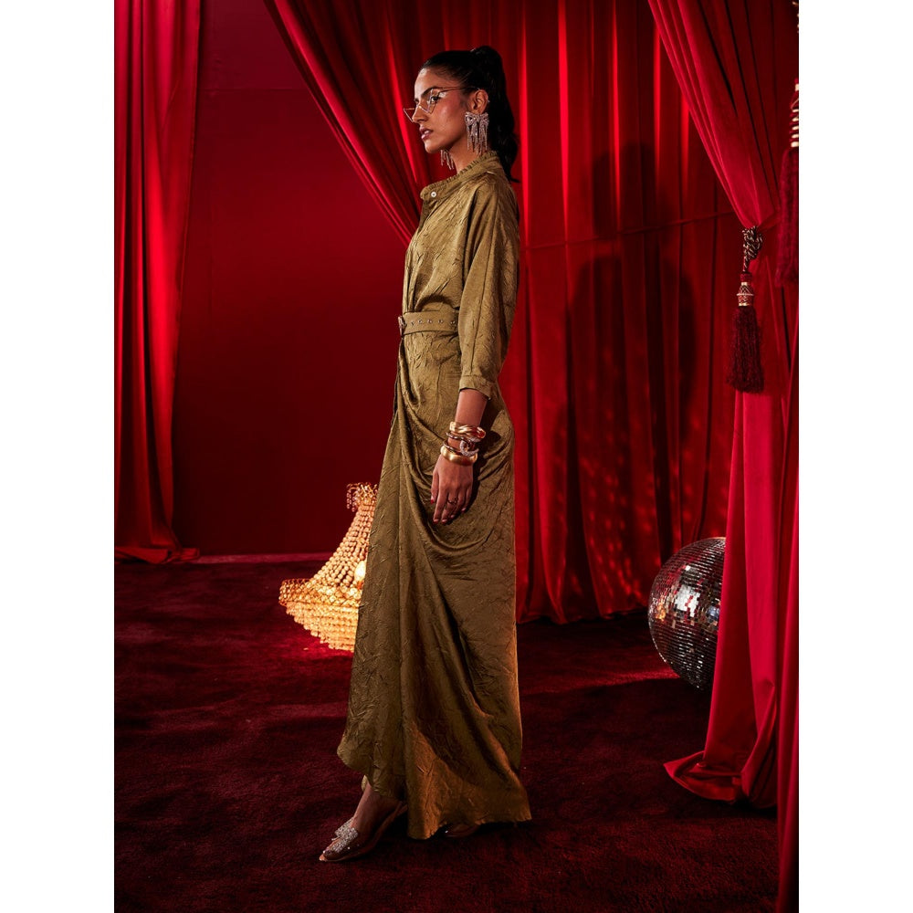 House of Fett Crush Satin Waldorf Gown with Belt - Olive