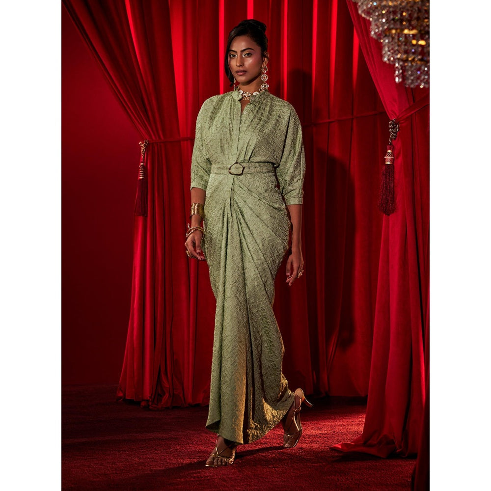 House of Fett Belrose Pleated Gown with Belt - Green
