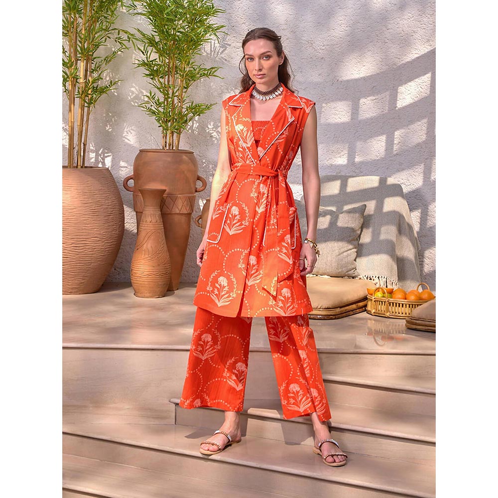 House of Fett Amer Printed Orange Crop Top with Jacket and Pant Co-Ords