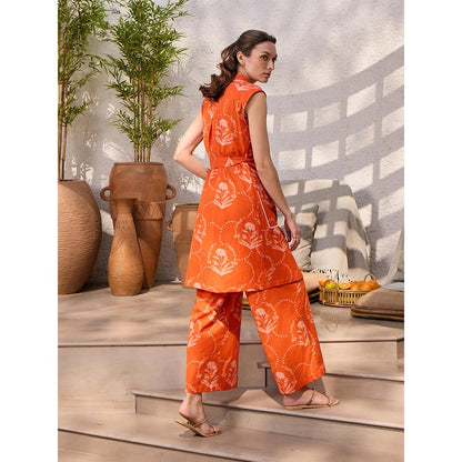 House of Fett Amer Printed Orange Crop Top with Jacket and Pant Co-Ords