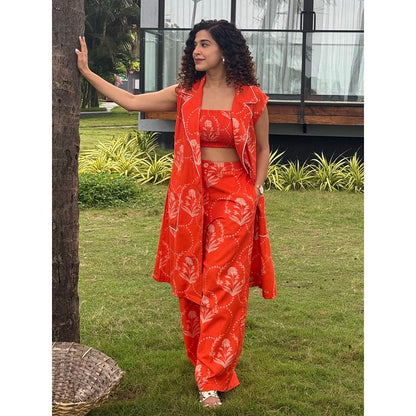 House of Fett Amer Printed Orange Crop Top with Jacket and Pant Co-Ords