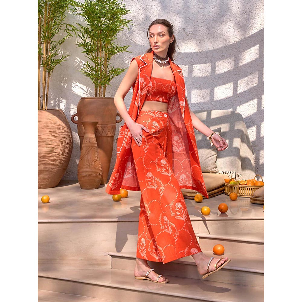House of Fett Amer Printed Orange Crop Top with Jacket and Pant Co-Ords