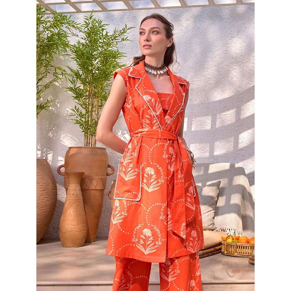 House of Fett Amer Printed Orange Crop Top with Jacket and Pant Co-Ords