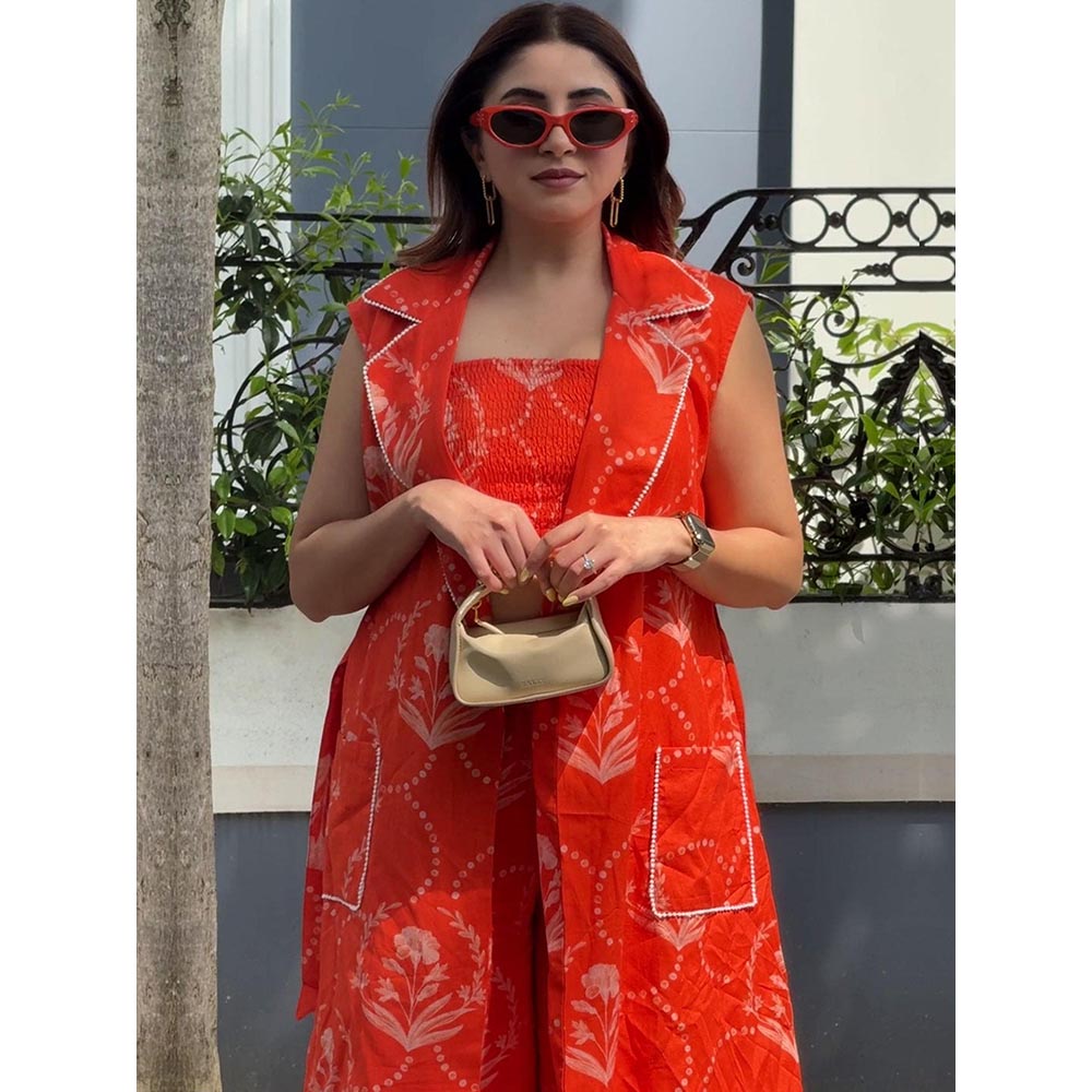 House of Fett Amer Printed Orange Crop Top with Jacket and Pant Co-Ords