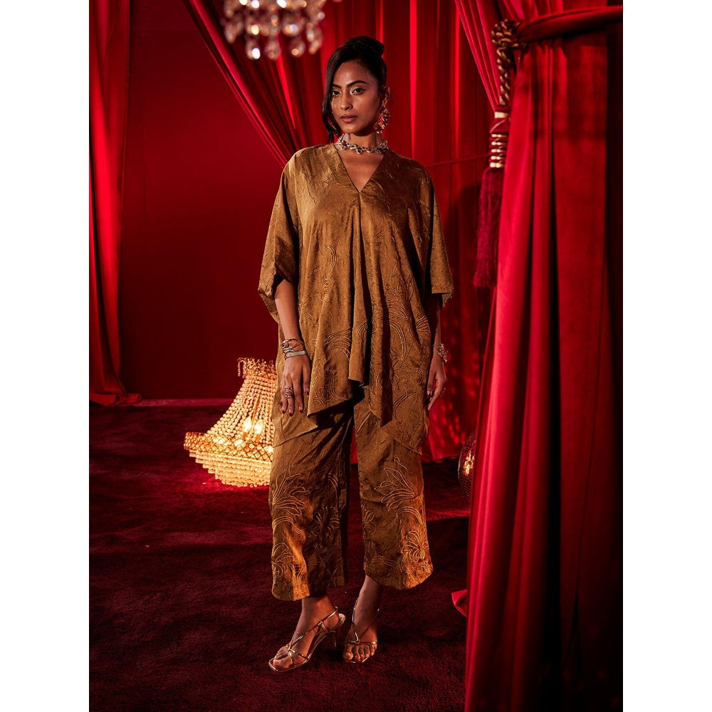House of Fett Ochre Brown Embroidered Co-Ord Set