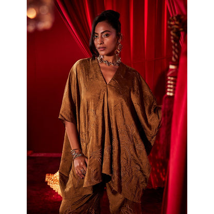 House of Fett Ochre Brown Embroidered Co-Ord Set