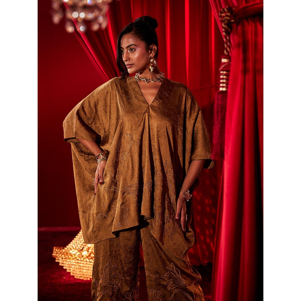 House of Fett Ochre Brown Embroidered Co-Ord Set