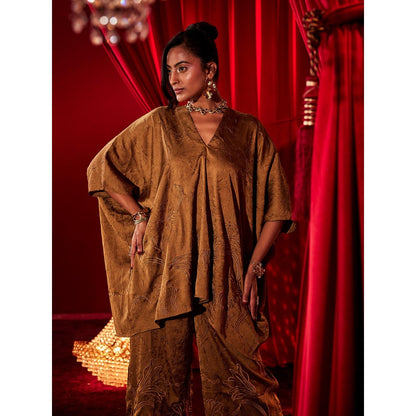 House of Fett Ochre Brown Embroidered Co-Ord Set