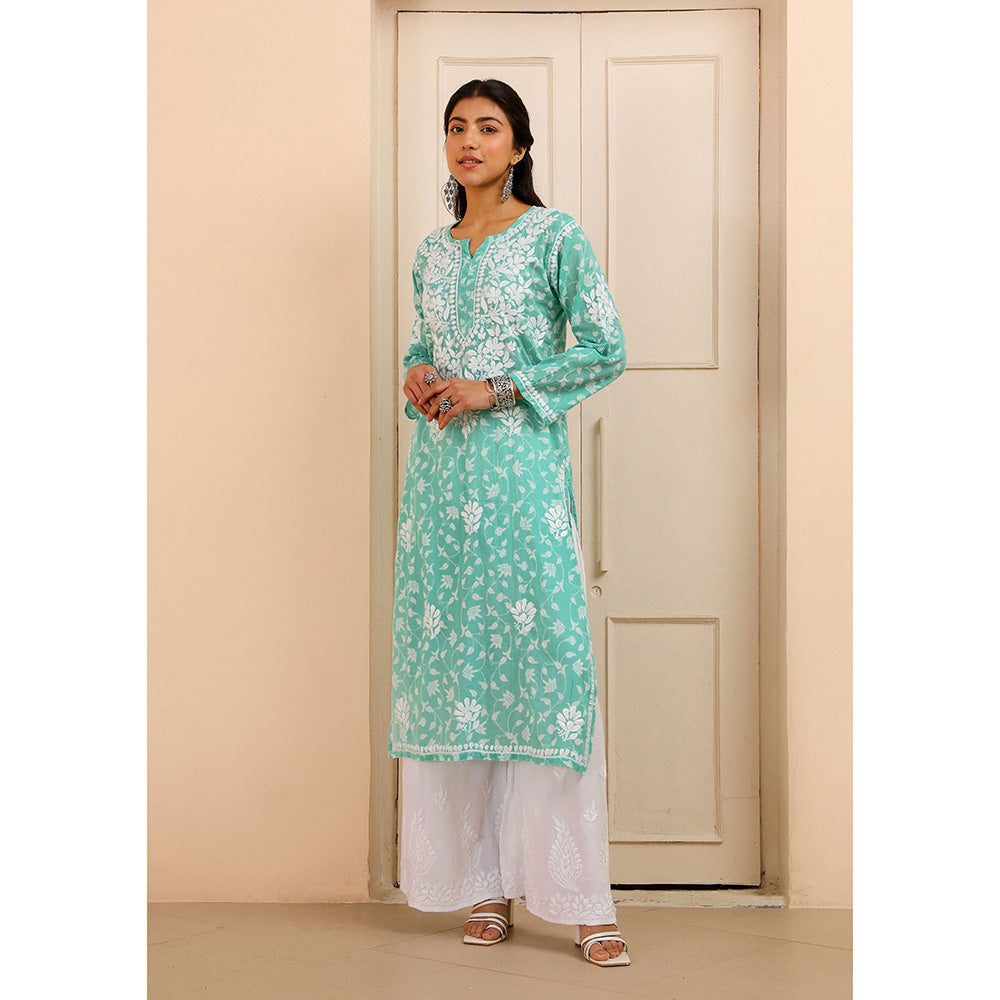 House of Chikankari Mulmul Chikankari Printed Women's Kurta - Green