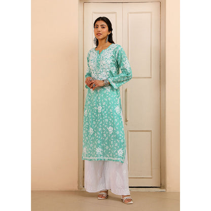House of Chikankari Mulmul Chikankari Printed Women's Kurta - Green