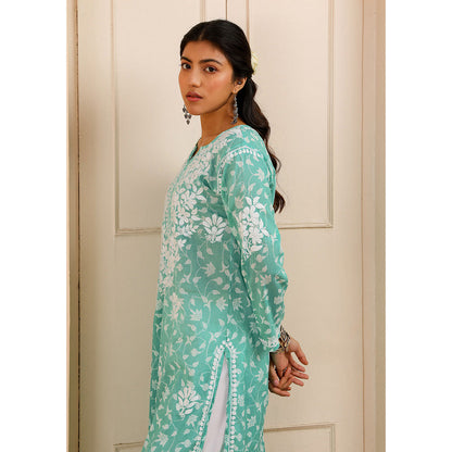 House of Chikankari Mulmul Chikankari Printed Women's Kurta - Green