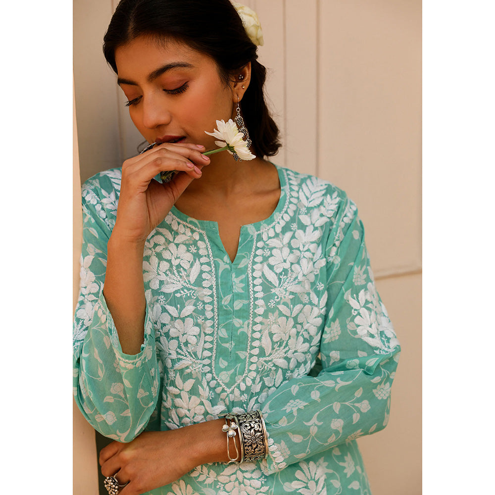 House of Chikankari Mulmul Chikankari Printed Women's Kurta - Green