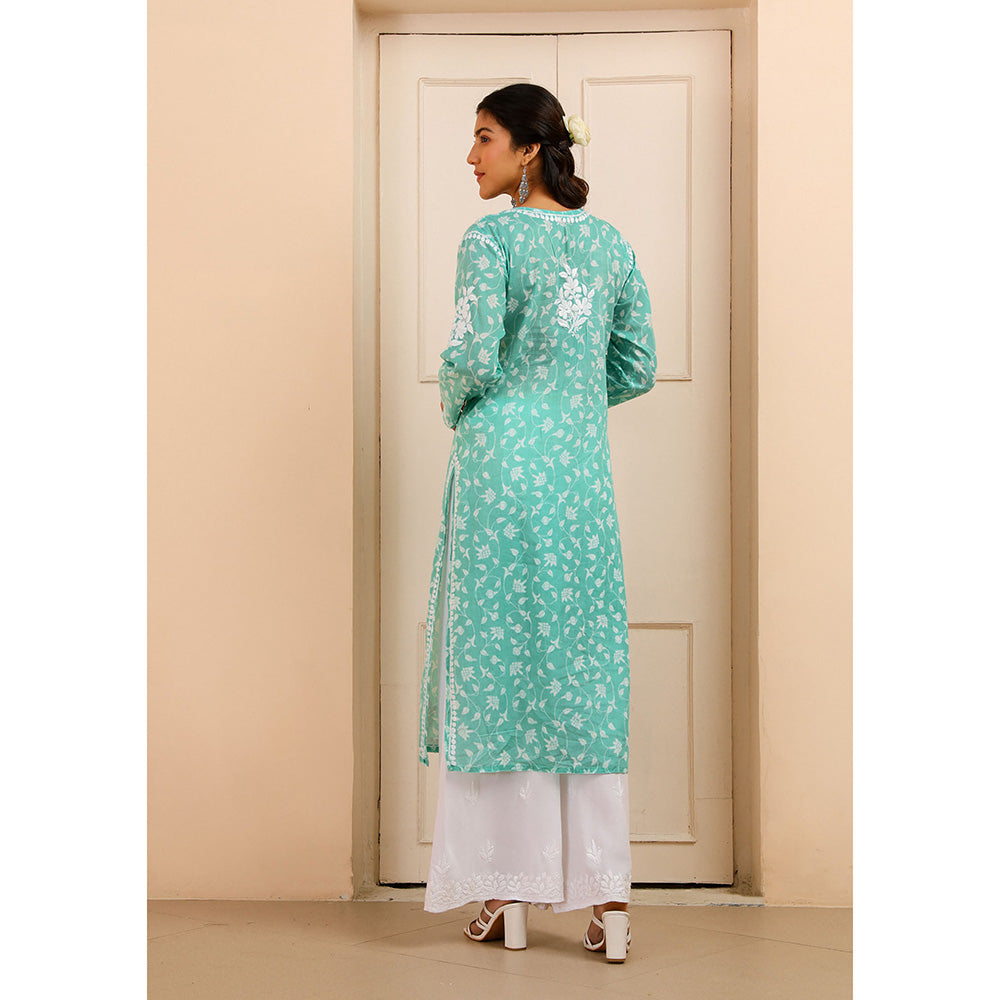 House of Chikankari Mulmul Chikankari Printed Women's Kurta - Green