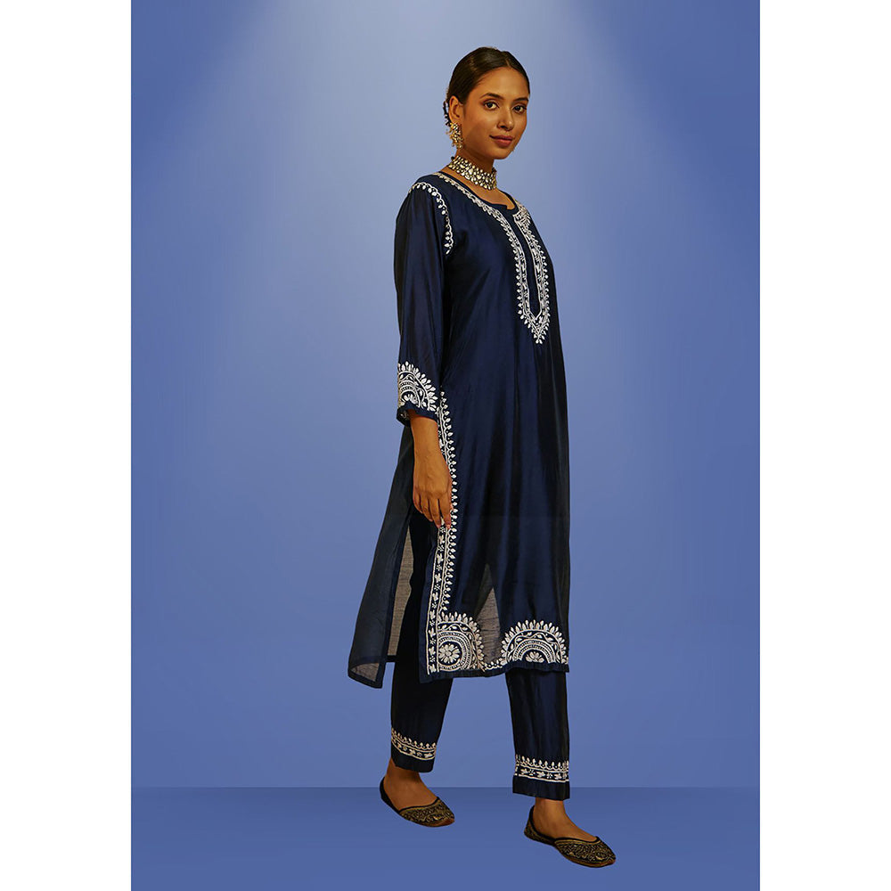 House of Chikankari Hana Chikankari Chanderi Straight Kurta with Pants (Set of 2)