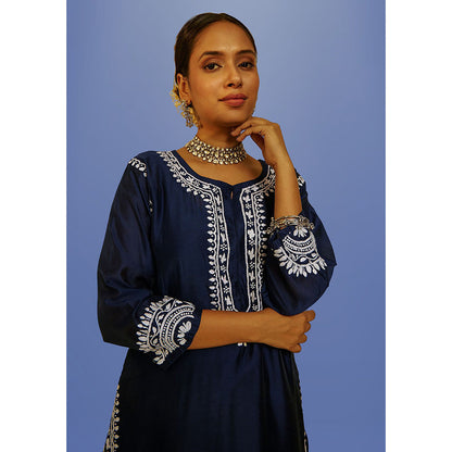 House of Chikankari Hana Chikankari Chanderi Straight Kurta with Pants (Set of 2)