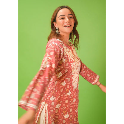 House of Chikankari Mulmul Chikankari Printed Womens Kurta-Pink