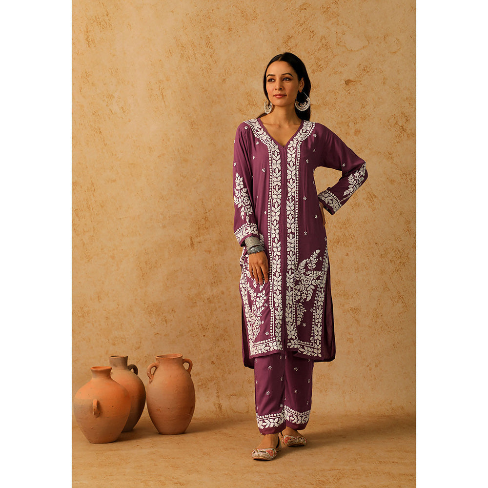 House of Chikankari Modal Chikankari Women's Long Kurta with Pant - Purple (Set of 2)