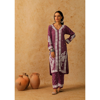 House of Chikankari Modal Chikankari Women's Long Kurta with Pant - Purple (Set of 2)