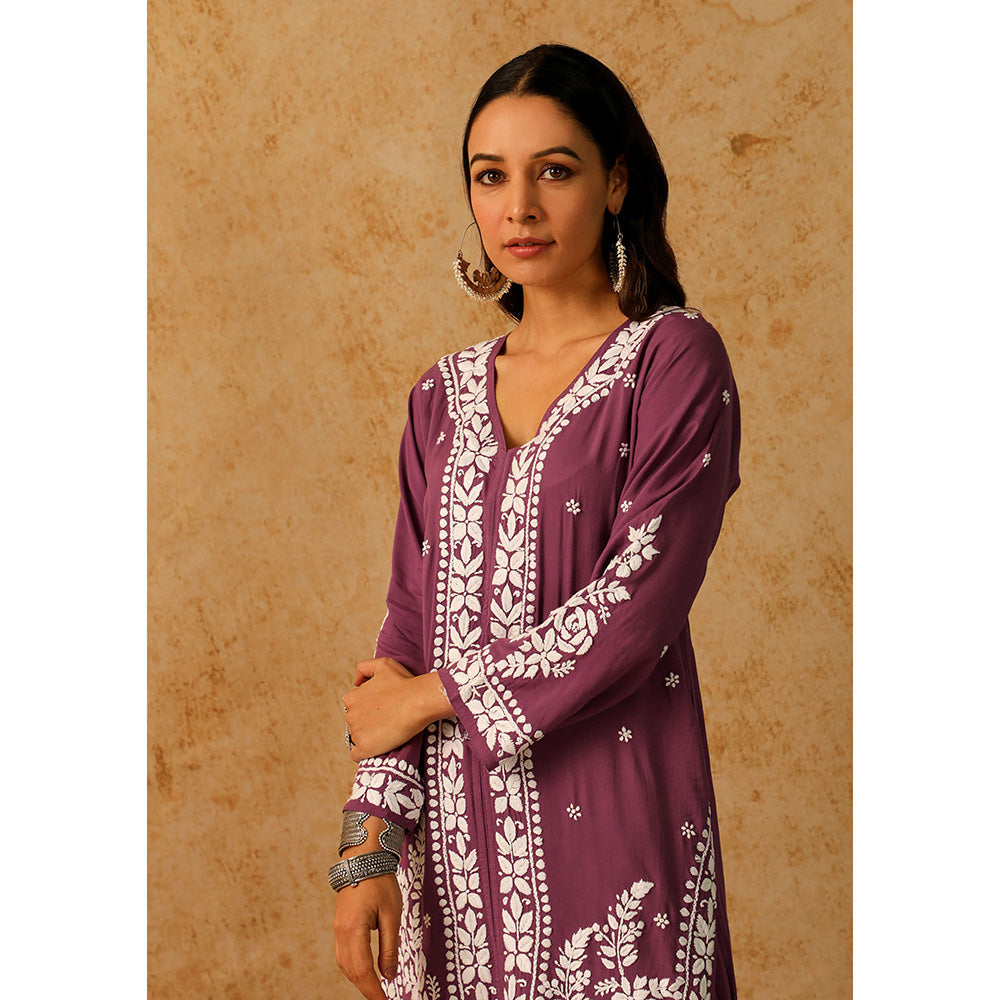 House of Chikankari Modal Chikankari Women's Long Kurta with Pant - Purple (Set of 2)