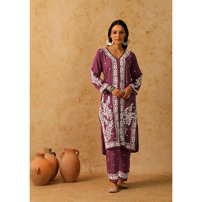 House of Chikankari Modal Chikankari Women's Long Kurta with Pant - Purple (Set of 2)