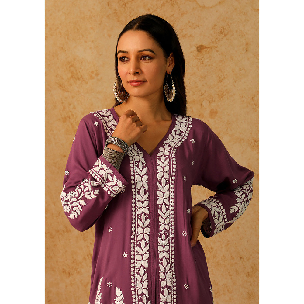 House of Chikankari Modal Chikankari Women's Long Kurta with Pant - Purple (Set of 2)
