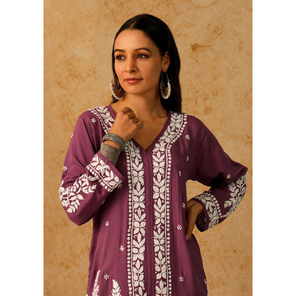 House of Chikankari Modal Chikankari Women's Long Kurta with Pant - Purple (Set of 2)