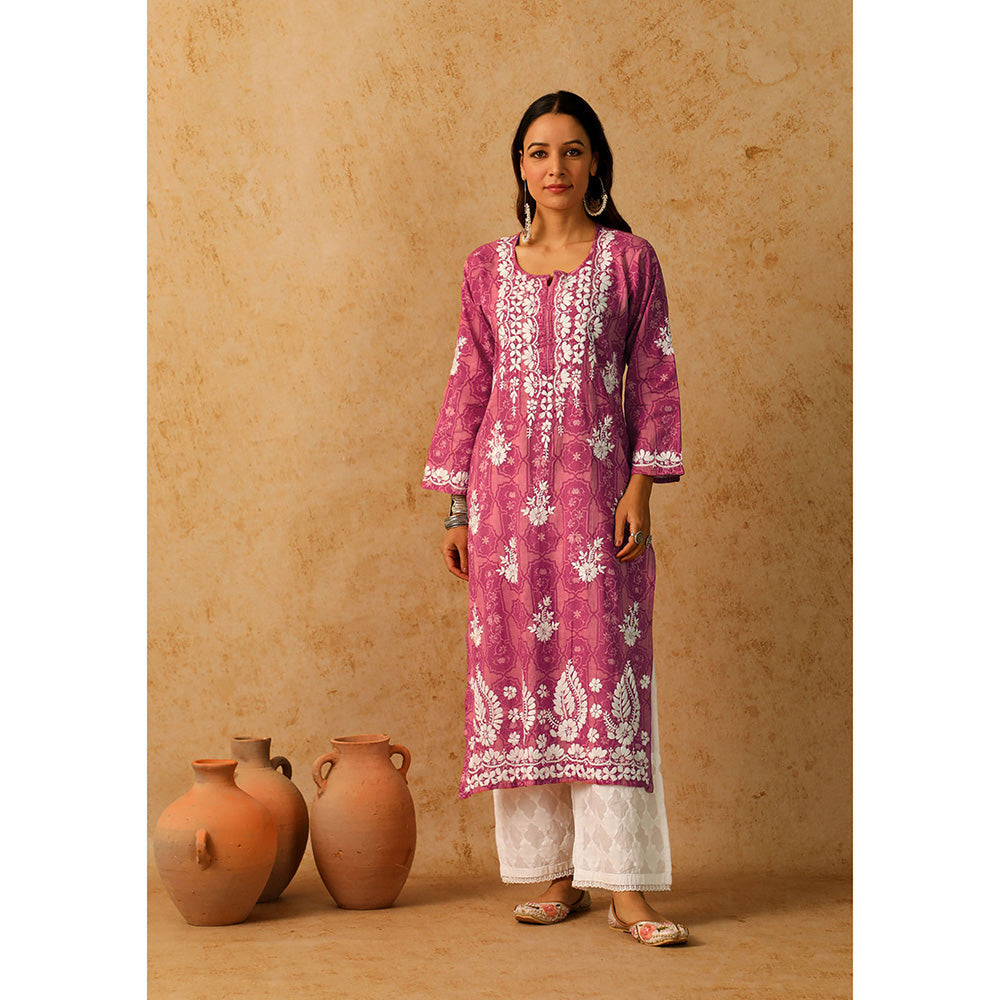 House of Chikankari Mulmul Chikankari Floral Women's Long Kurta - Pink