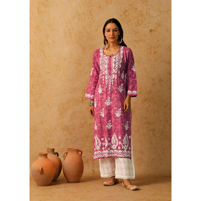 House of Chikankari Mulmul Chikankari Floral Women's Long Kurta - Pink