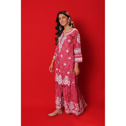 House of Chikankari Meher Mulmul Chikankari Printed Women Short Kurta with Gharara (Set of 2)