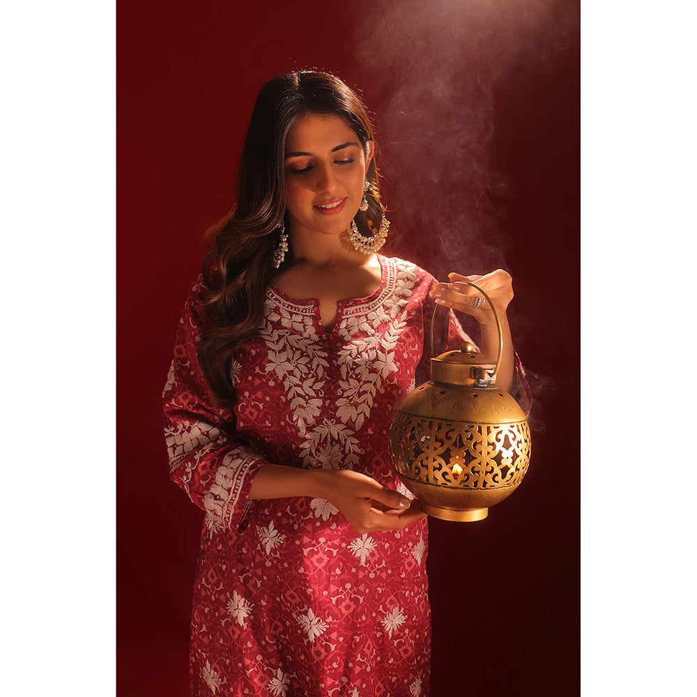 House of Chikankari Meher Mulmul Chikankari Printed Women Short Kurta with Gharara (Set of 2)