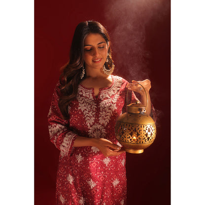 House of Chikankari Meher Mulmul Chikankari Printed Women Short Kurta with Gharara (Set of 2)