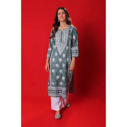 House of Chikankari Meher Mulmul Chikankari Printed Women Long Kurta Green