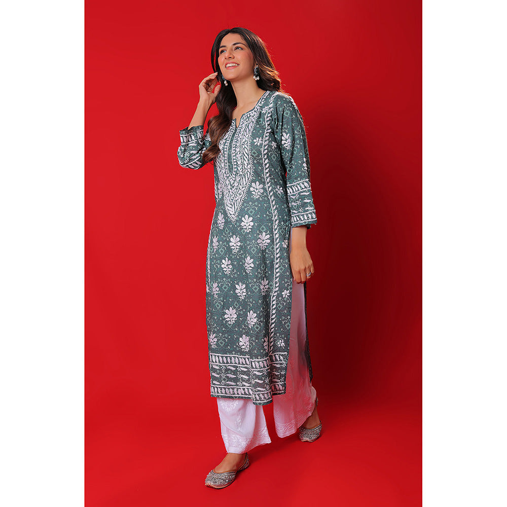 House of Chikankari Meher Mulmul Chikankari Printed Women Long Kurta Green