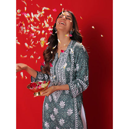 House of Chikankari Meher Mulmul Chikankari Printed Women Long Kurta Green