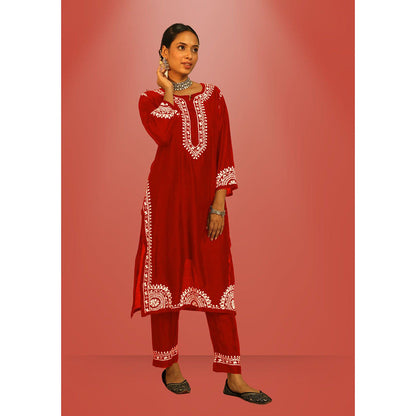 House of Chikankari Hana Chikankari Red Chanderi Kurta With Pant and Dupatta (Set of 3)