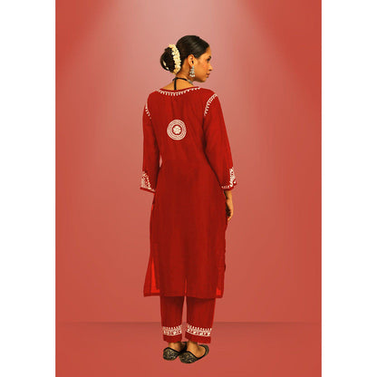House of Chikankari Hana Chikankari Red Chanderi Kurta With Pant and Dupatta (Set of 3)