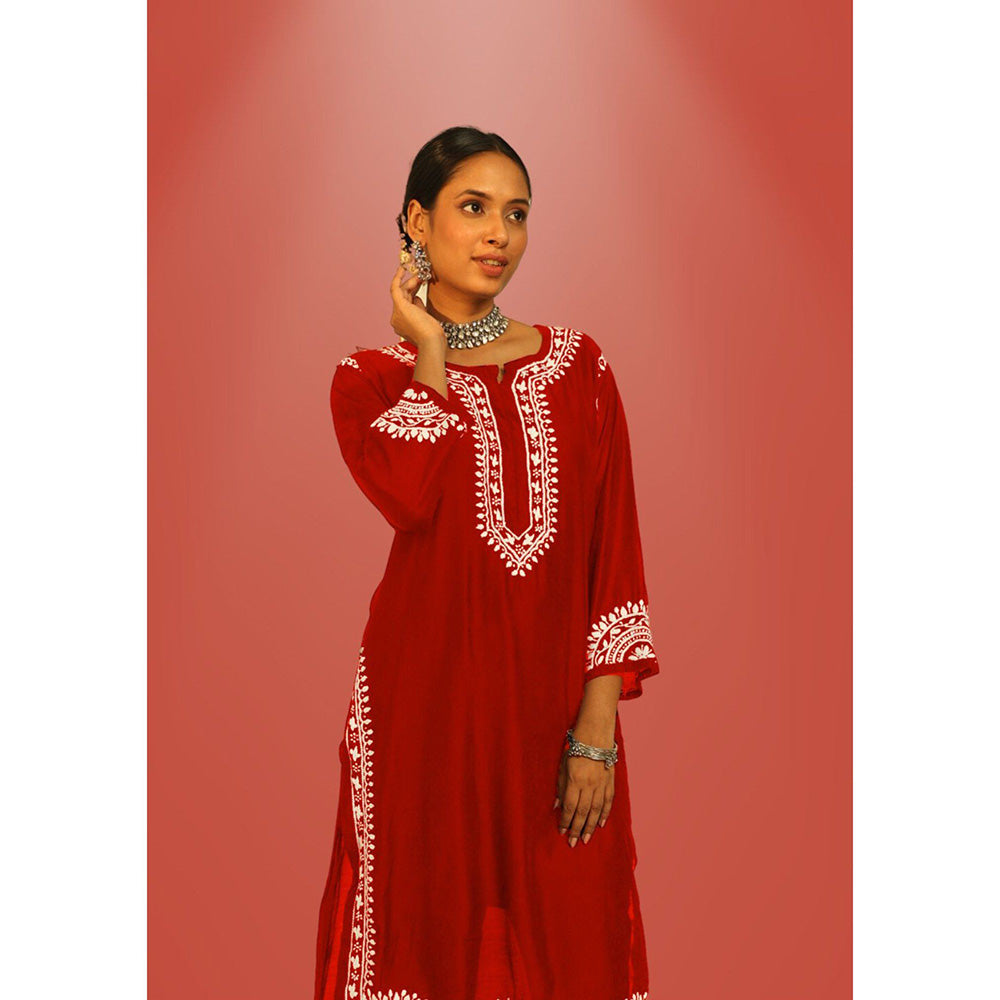 House of Chikankari Hana Chikankari Red Chanderi Kurta With Pant and Dupatta (Set of 3)