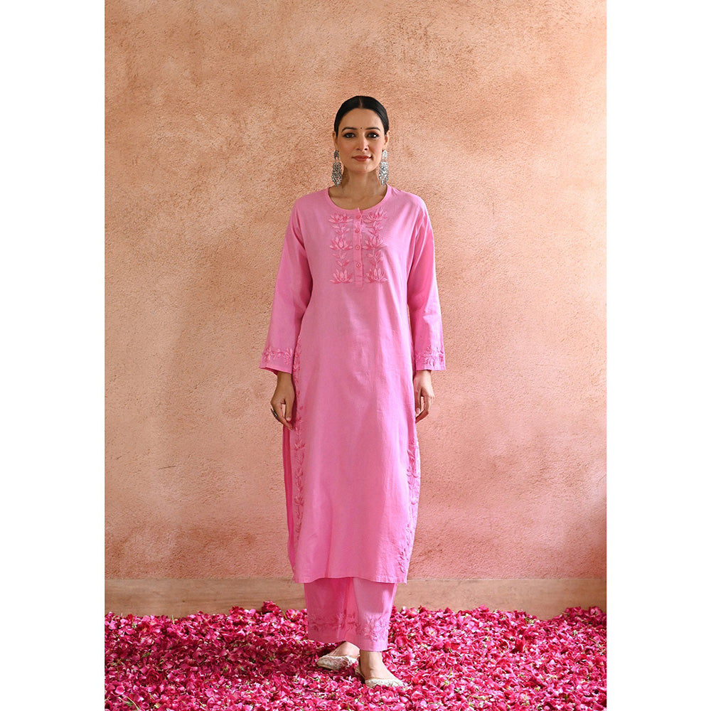 House of Chikankari Afsoon Chikankari Pink Cotton Kurta with Pant with Pant (Set of 2)