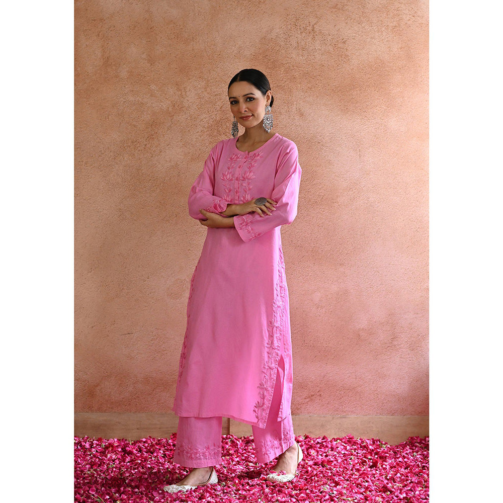 House of Chikankari Afsoon Chikankari Pink Cotton Kurta with Pant with Pant (Set of 2)