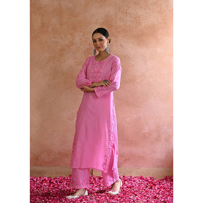 House of Chikankari Afsoon Chikankari Pink Cotton Kurta with Pant with Pant (Set of 2)