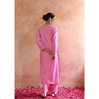 House of Chikankari Afsoon Chikankari Pink Cotton Kurta with Pant with Pant (Set of 2)