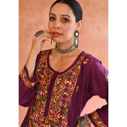 House of Chikankari Aafna Chikankari Purple Chanderi Straight Kurta with Palazzo (Set of 2)