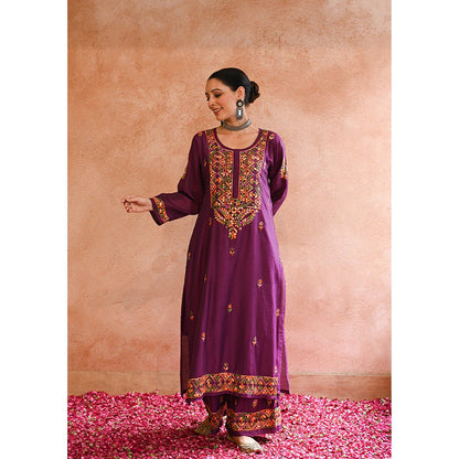 House of Chikankari Aafna Chikankari Purple Chanderi Straight Kurta with Palazzo (Set of 2)
