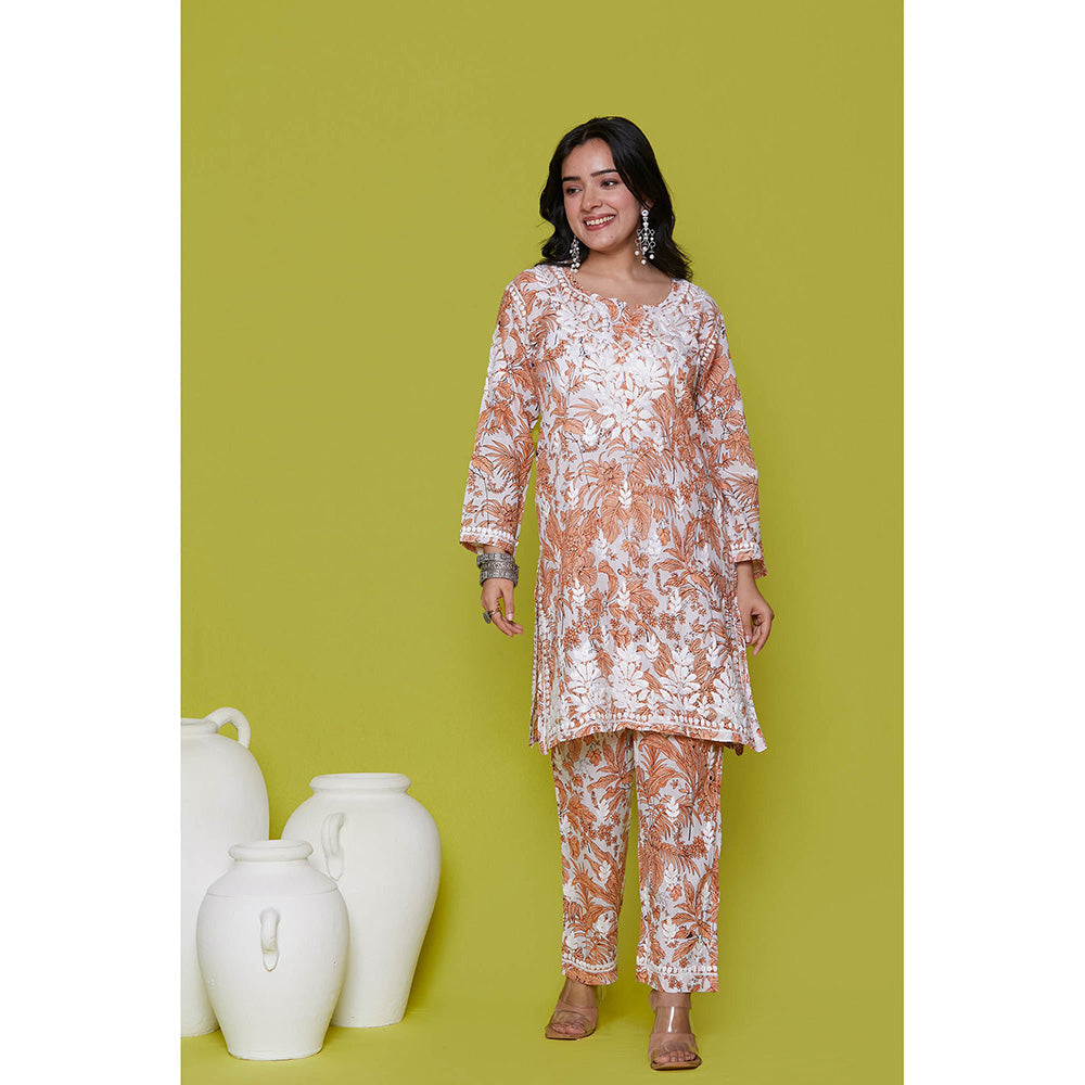 House of Chikankari Mulmul Chikankari Printed Womens Kurta with Pants-Orange (Set of 2)