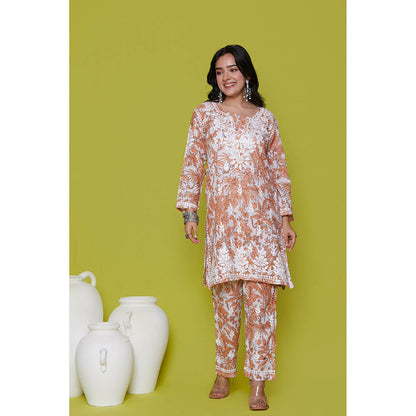 House of Chikankari Mulmul Chikankari Printed Womens Kurta with Pants-Orange (Set of 2)