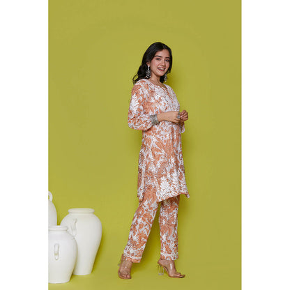 House of Chikankari Mulmul Chikankari Printed Womens Kurta with Pants-Orange (Set of 2)