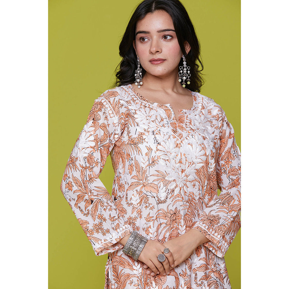 House of Chikankari Mulmul Chikankari Printed Womens Kurta with Pants-Orange (Set of 2)