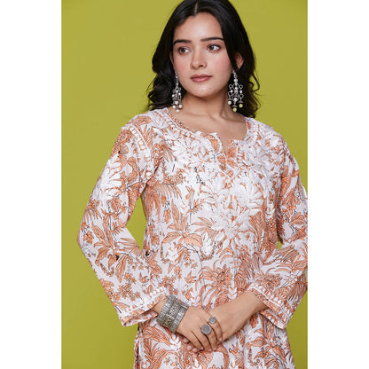 House of Chikankari Mulmul Chikankari Printed Womens Kurta with Pants-Orange (Set of 2)