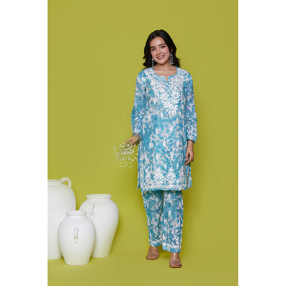 House of Chikankari Mulmul Chikankari Printed Womens Kurta with Pants-Blue (Set of 2)
