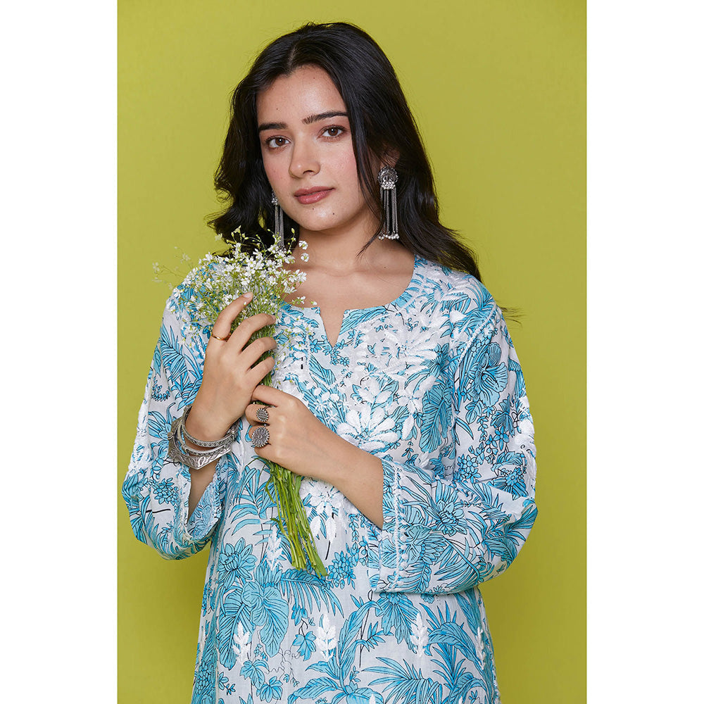 House of Chikankari Mulmul Chikankari Printed Womens Kurta with Pants-Blue (Set of 2)